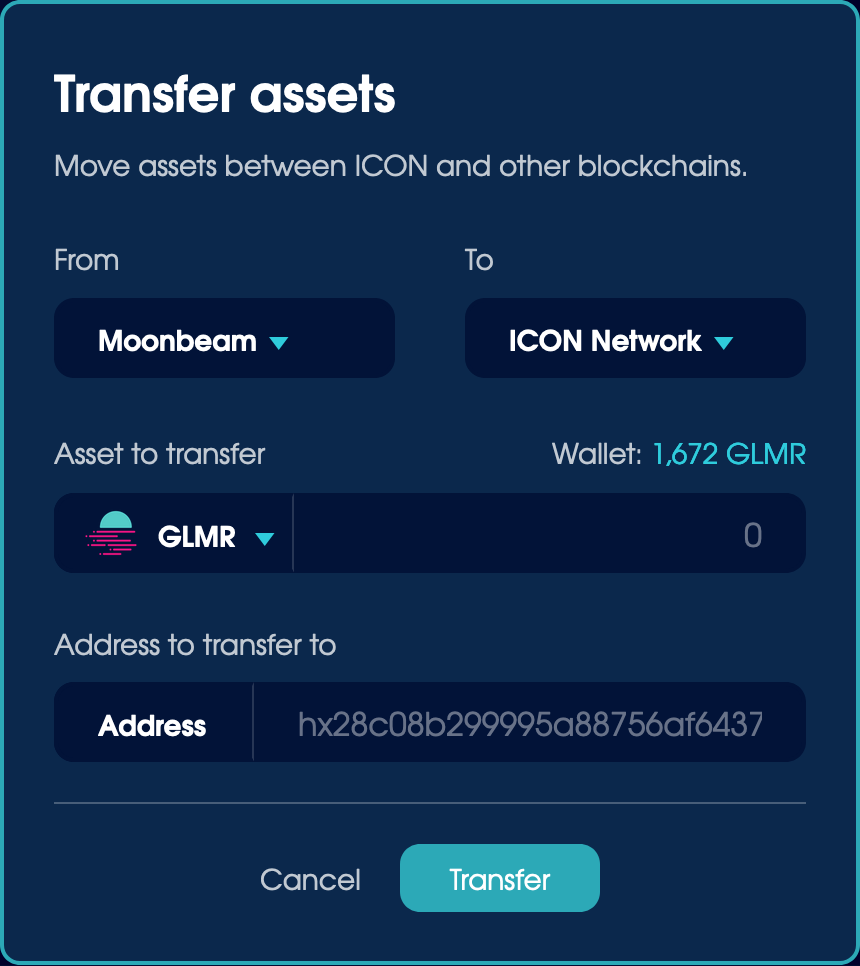 The Transfer Asset modal to move assets between BTP-compatible networks.