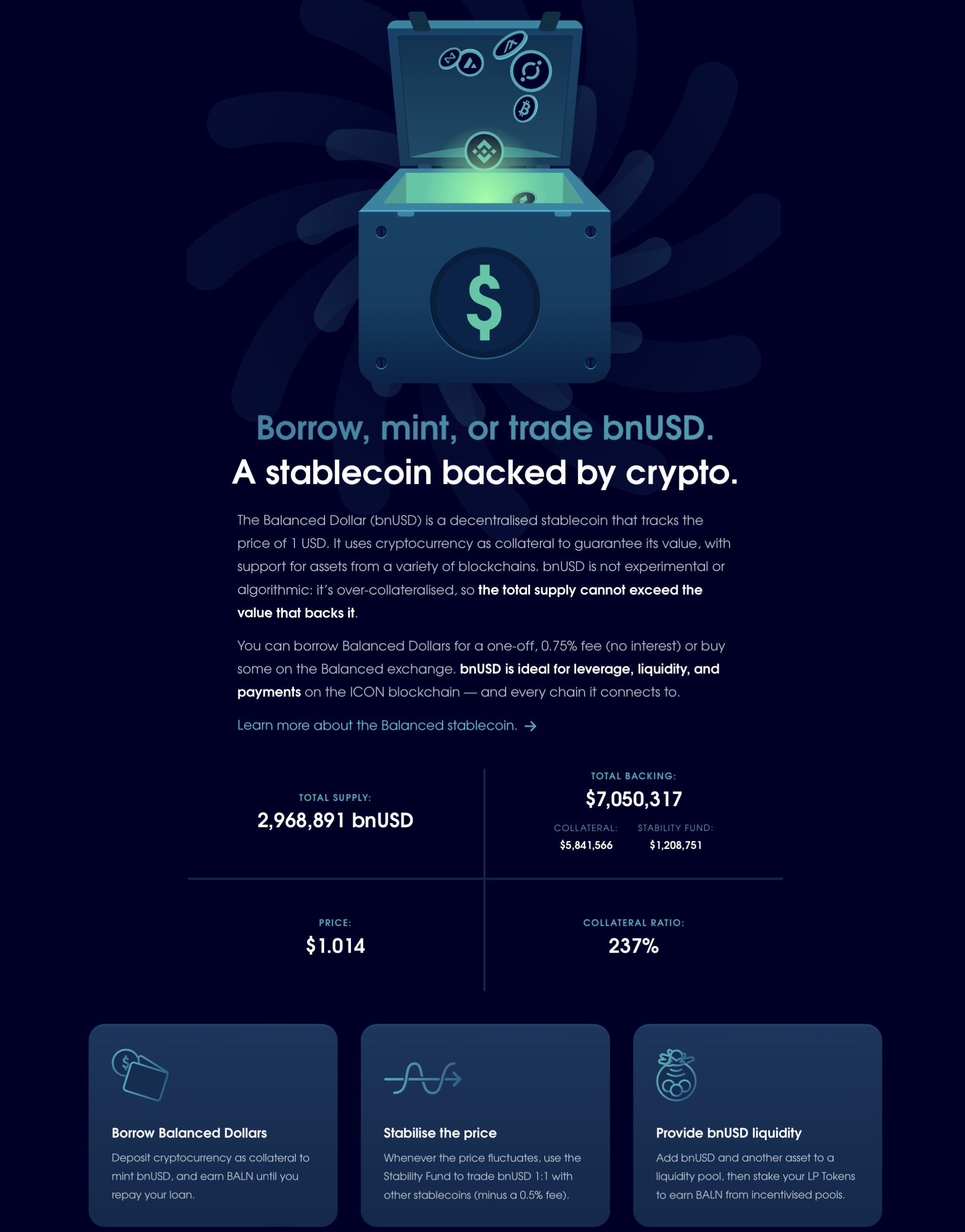 The stablecoin section on the new Balanced landing page.