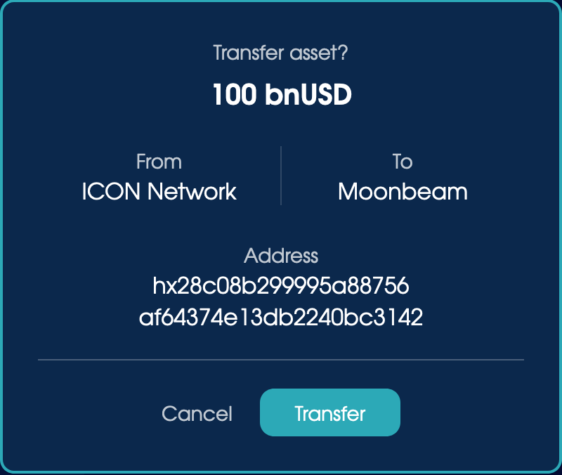 The Transfer Asset confirmation modal.