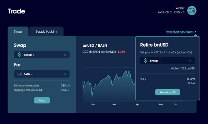 The original Retire bnUSD modal on the Trade page.